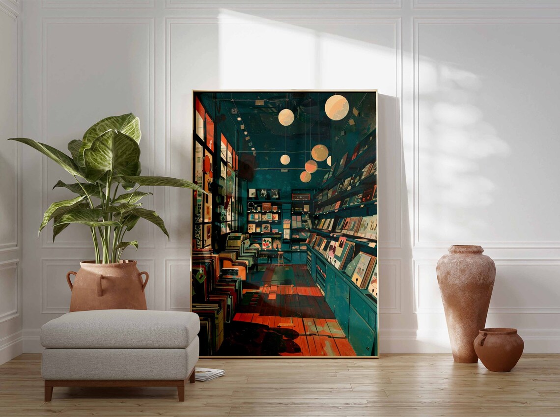 Moody Teal Record Shop Interior With Rows of Vinyl Albums Poster - Image 3