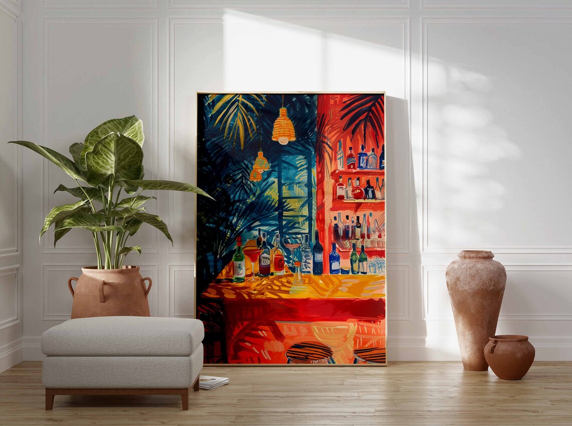 Retro Cocktail Bar Tropical Tiki Lounge Bottles Neon Kitchen Art Poster - Image 3