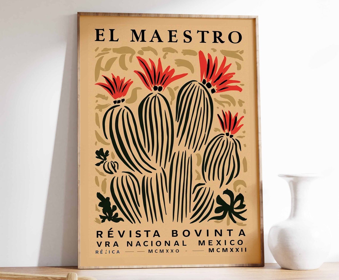 Bold El Maestro Stylized Cactus Bloom Vintage Mexican Art Poster