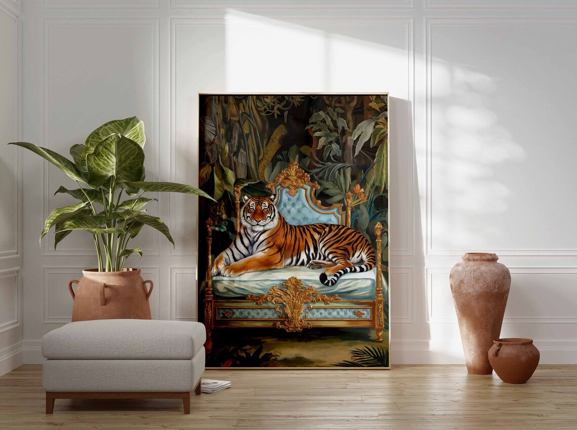 Regal Tiger Lounging on Ornate Gold Sofa in Jungle Art Poster - Image 3