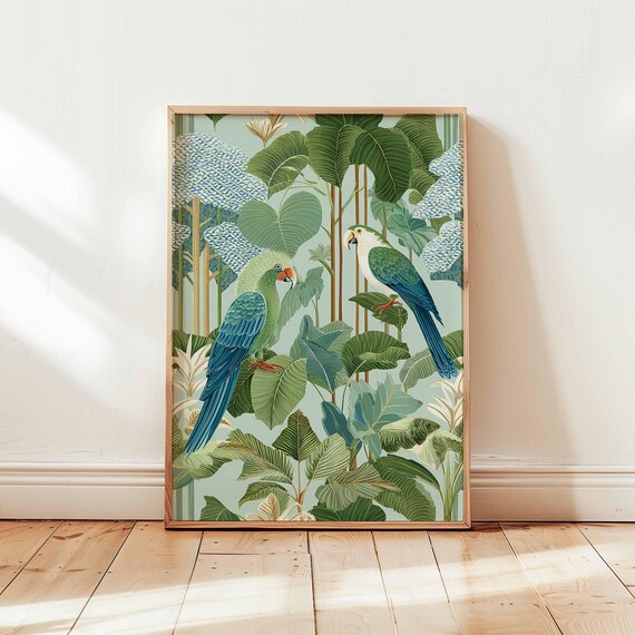Vintage Botanical Parrots Perched Among Banana Leaves Wall Art