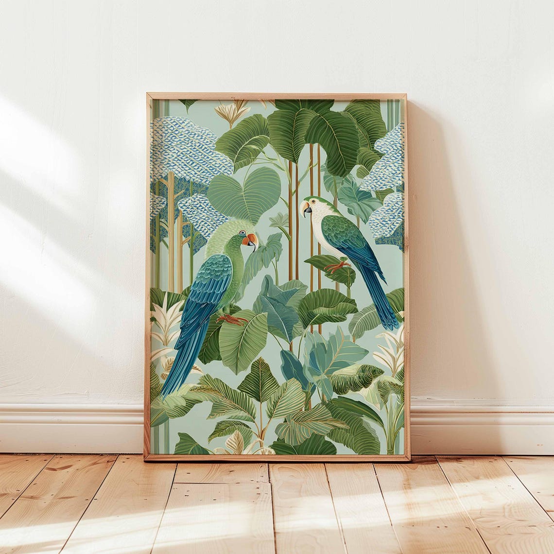 Vintage Botanical Parrots Perched Among Banana Leaves Wall Art