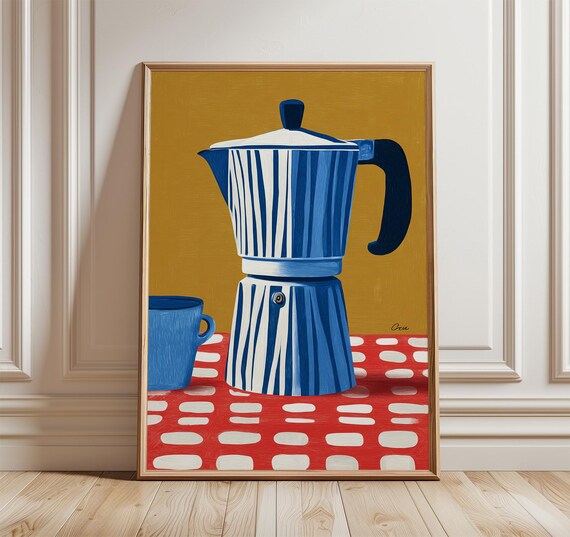 Striped Blue Moka Pot Poster Retro Espresso Kitchen Decor Art