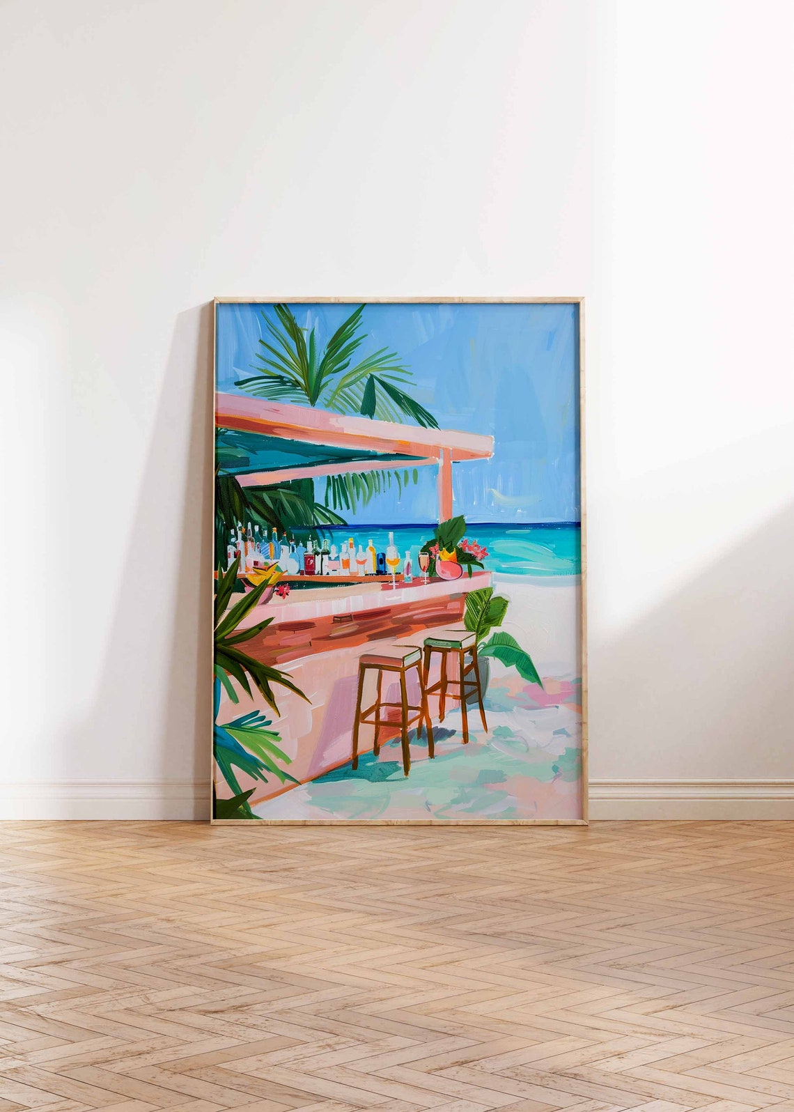 Pastel Pink Beach Bar White Canopy Bottles Palm Trees Ocean Poster - Image 3