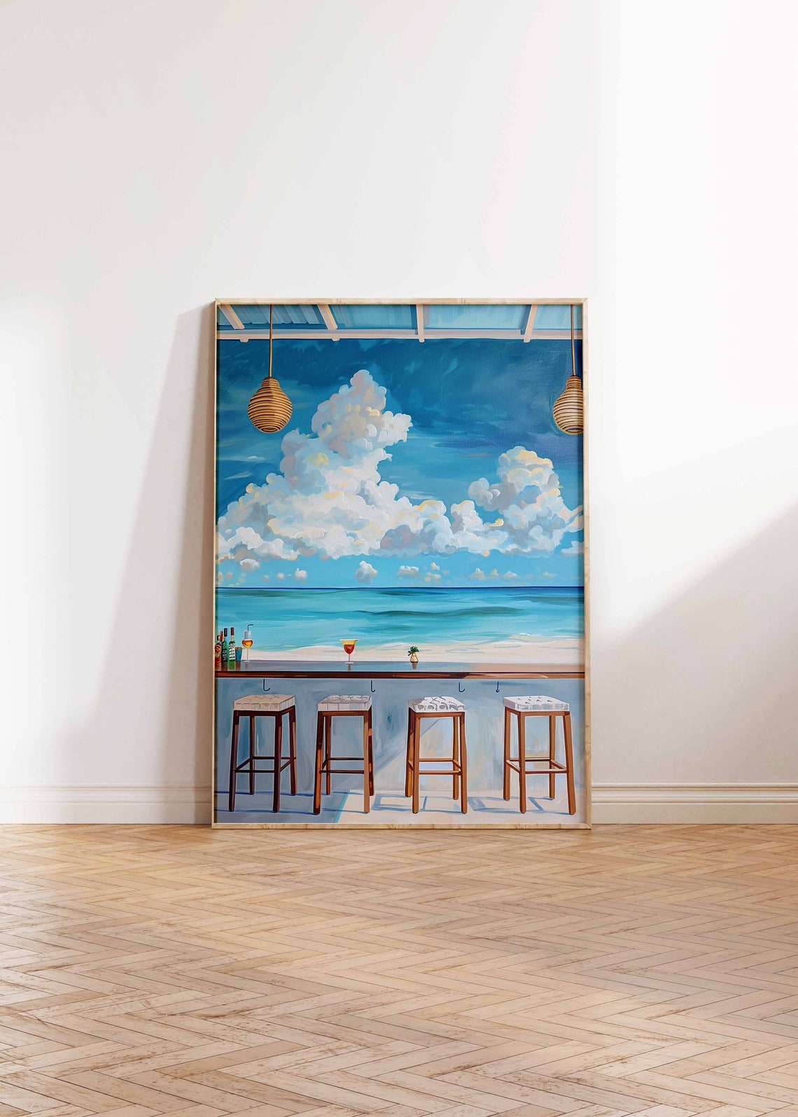 Tropical Caribbean Beach Bar Ocean View Cocktails Stools Art Print - Image 2