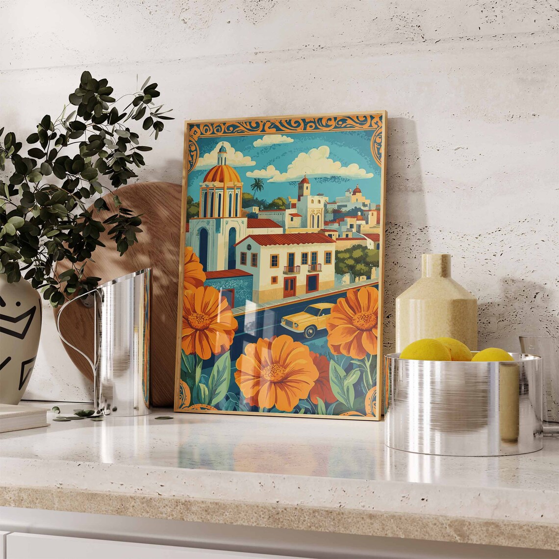 Vintage Mexican Town Church and Orange Flowers Travel Poster - Image 2