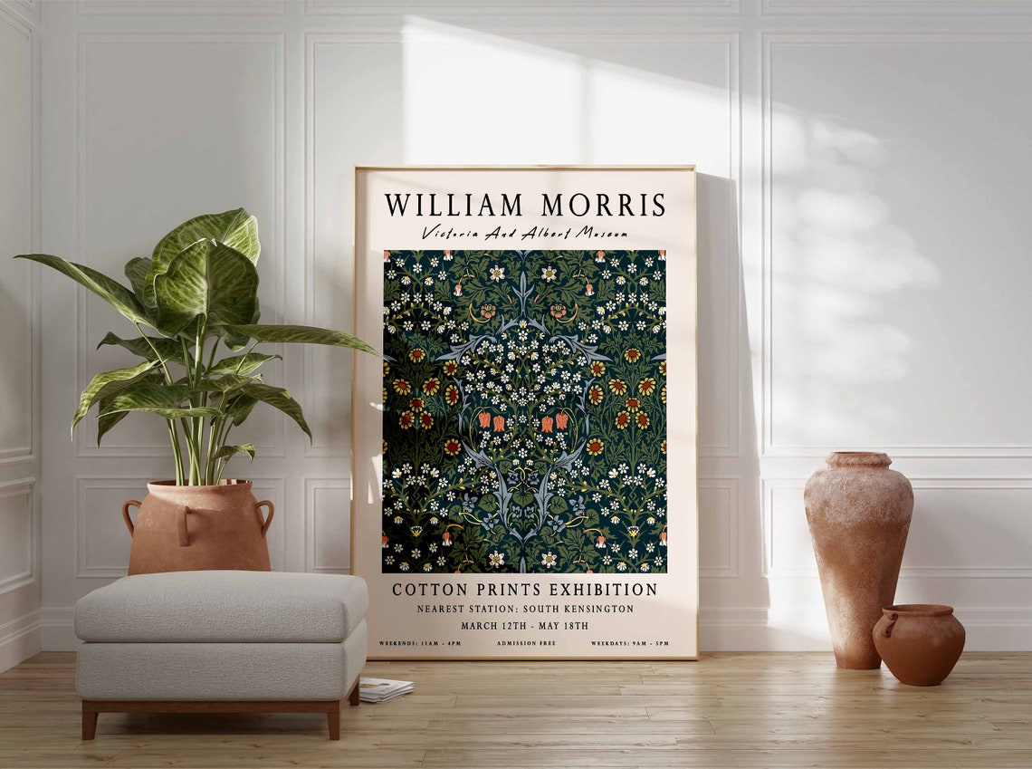 William Morris Teal Floral Cotton Prints Exhibition Art Poster - Image 3