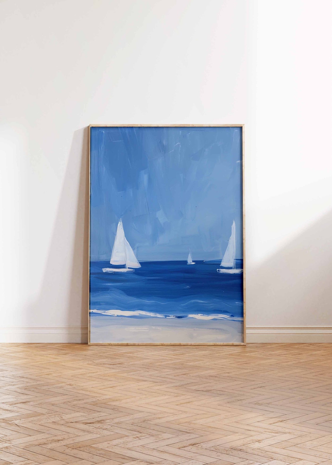 Three Sailboats on Deep Blue Sea Beach Minimalist Nautical Poster - Image 2