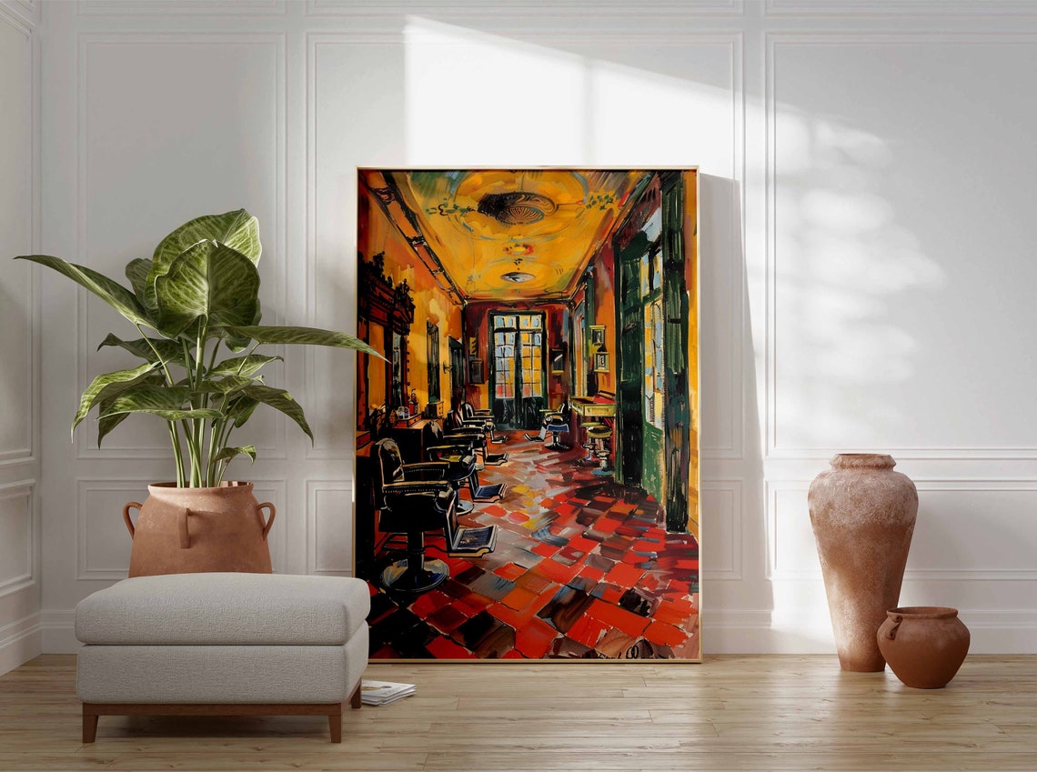 Golden Yellow Vintage Barbershop Red Floor Retro Barber Interior Print - Image 3