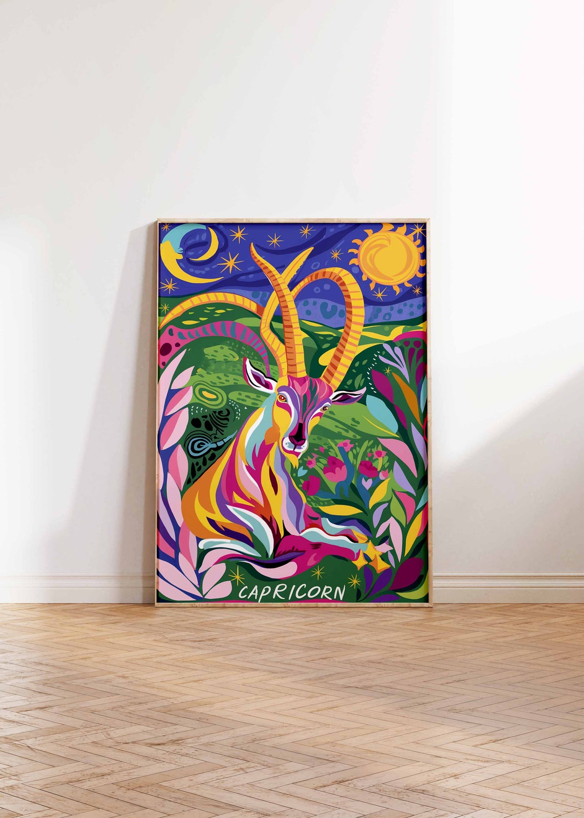 Capricorn Zodiac Goat Long Horns Tropical Leaves Celestial Poster - Image 2