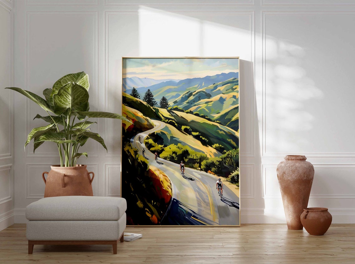 Cyclists Mountain Road Ride Painted Landscape Cycling Poster - Image 3