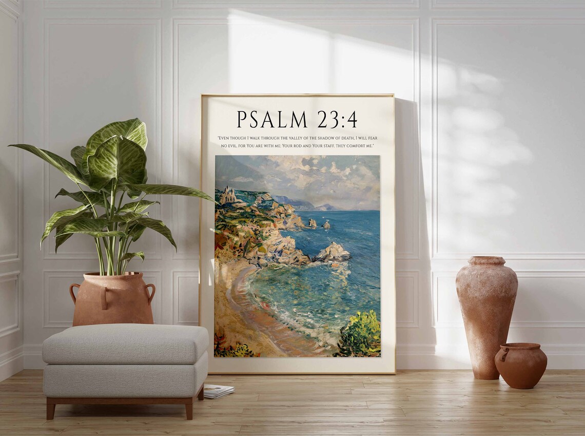 Psalm 23:4 Bible Verse Turquoise Sea Rocky Coast Monet Style Christian Art Poster - Image 2