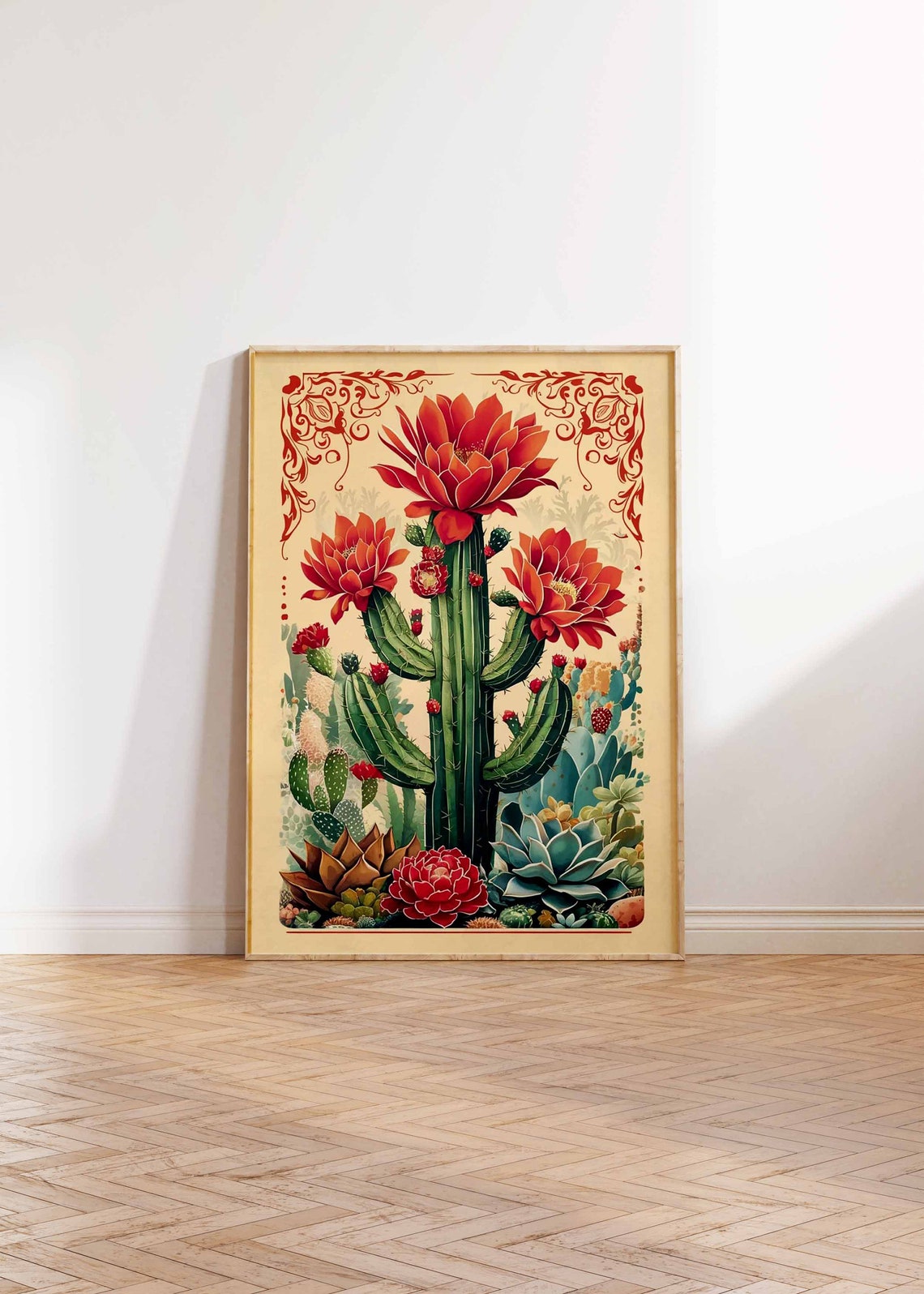 Red Blooming Cactus Vintage Mexican Botanical Scroll Art Poster - Image 3