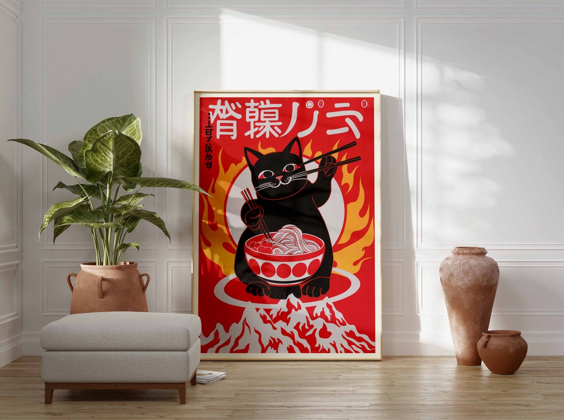 Lucky Black Cat Eating Ramen Flames Retro Japanese Red Poster - Image 3