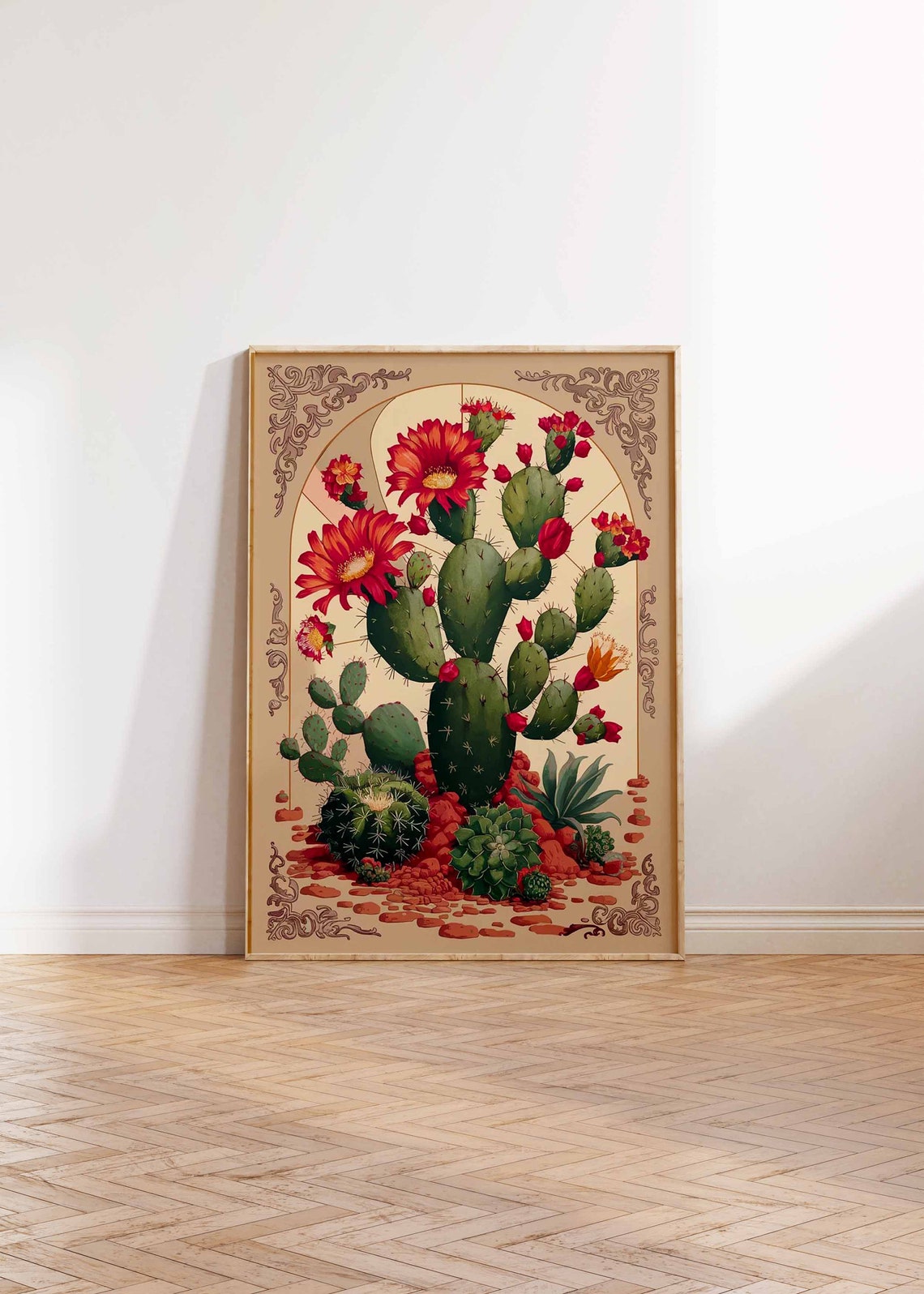 Prickly Pear Cactus In Arch Frame Red Bloom Vintage Art Poster - Image 3