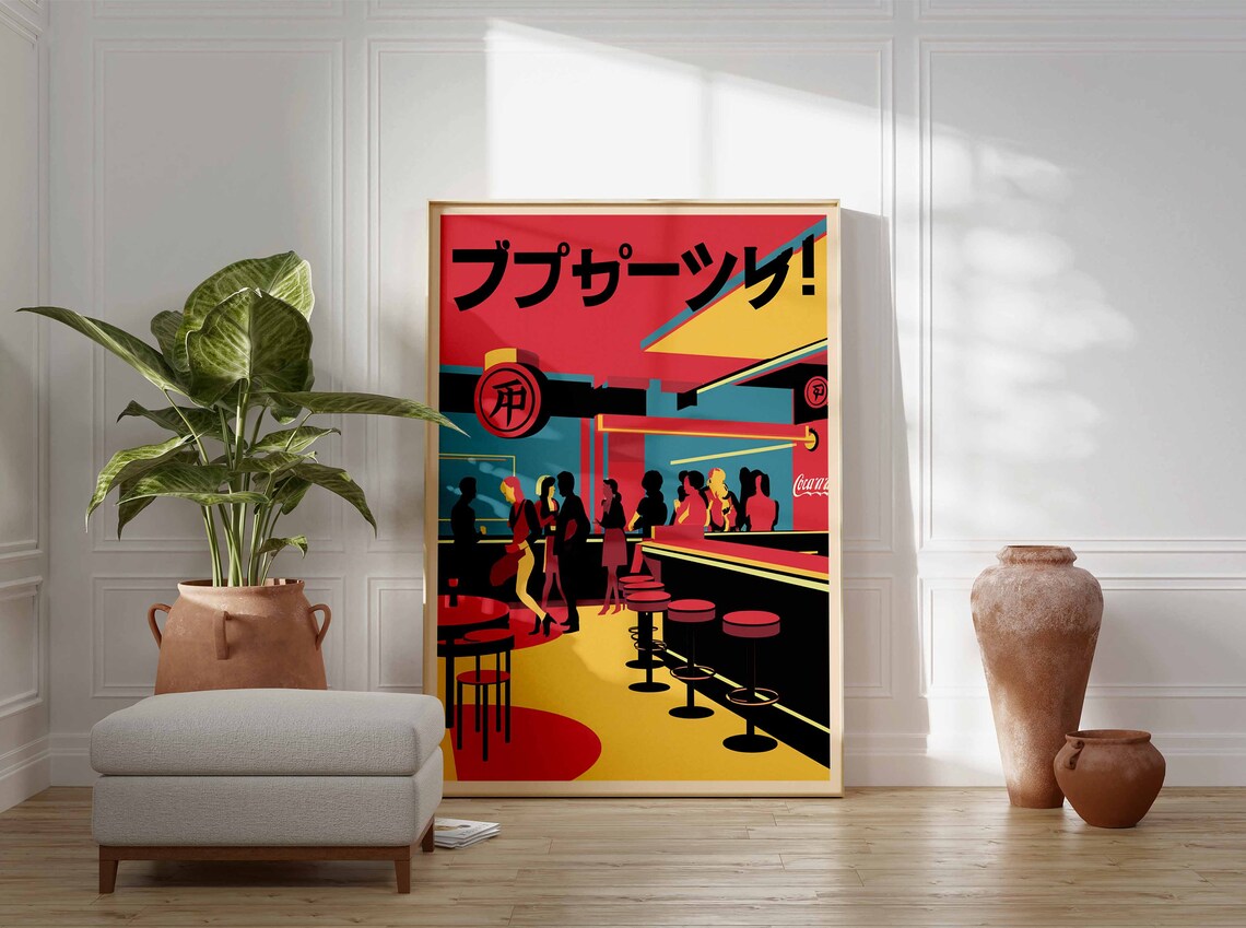 Japanese Retro Bar Nightlife Crowd Vibrant Neon Scene Art Poster - Image 3