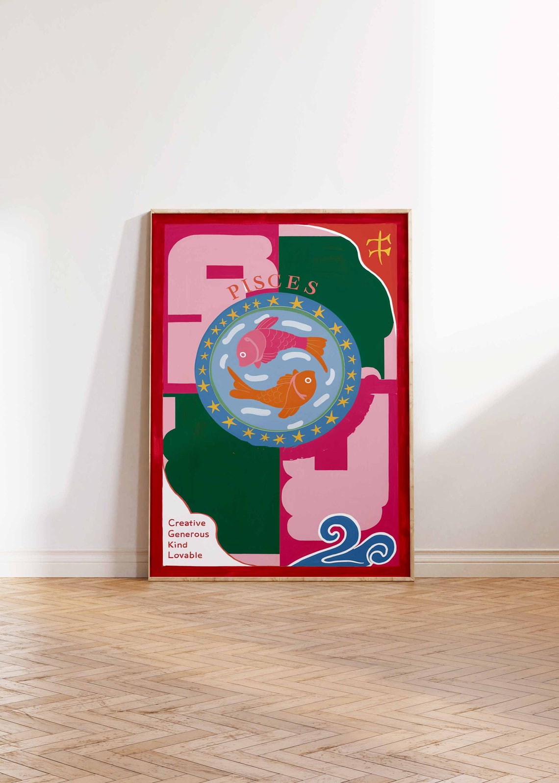 Pisces Zodiac Two Fish Pink Green Geometric Star Circle Poster - Image 2