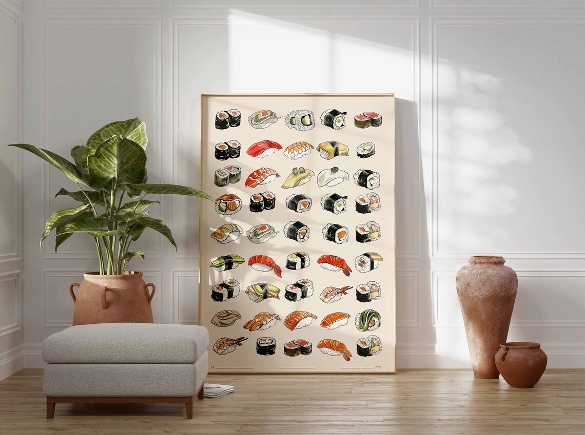 Sushi Varieties Illustrated Grid Nigiri Maki Japanese Food Art Poster - Image 3