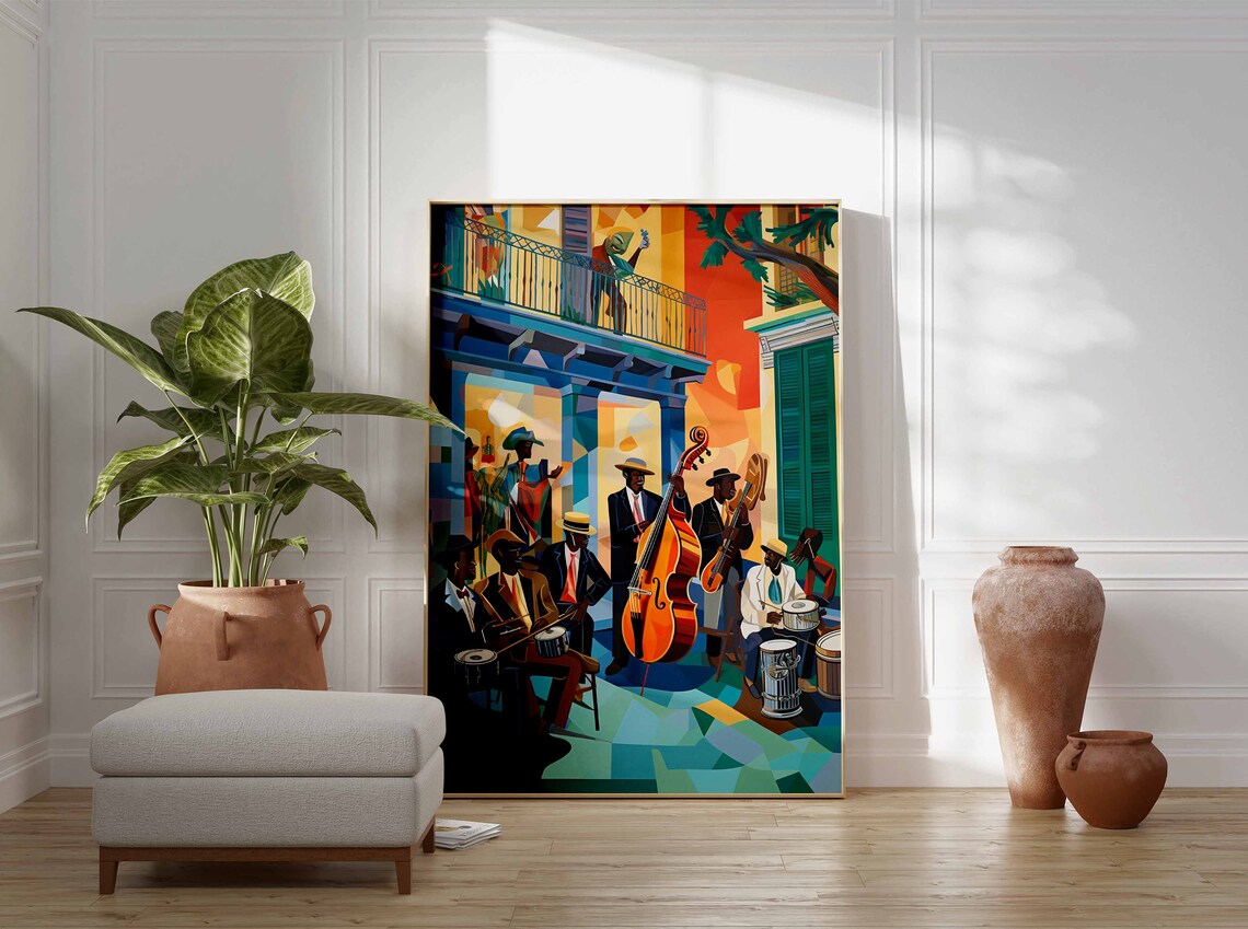 New Orleans Style Jazz Band Street Performance Cubist Colors Painting Poster - Image 3