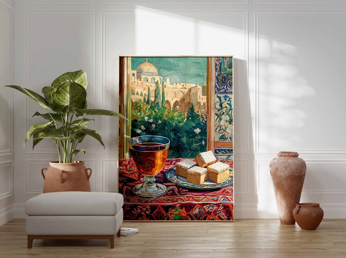 Islamic Tea Glass Sweet Pastry Mosque View Rose Garden Art Poster - Image 3