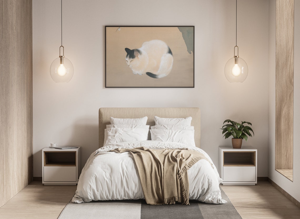 Japanese Cat Art Print Curled White Cat Traditional Ink Decor - Image 3