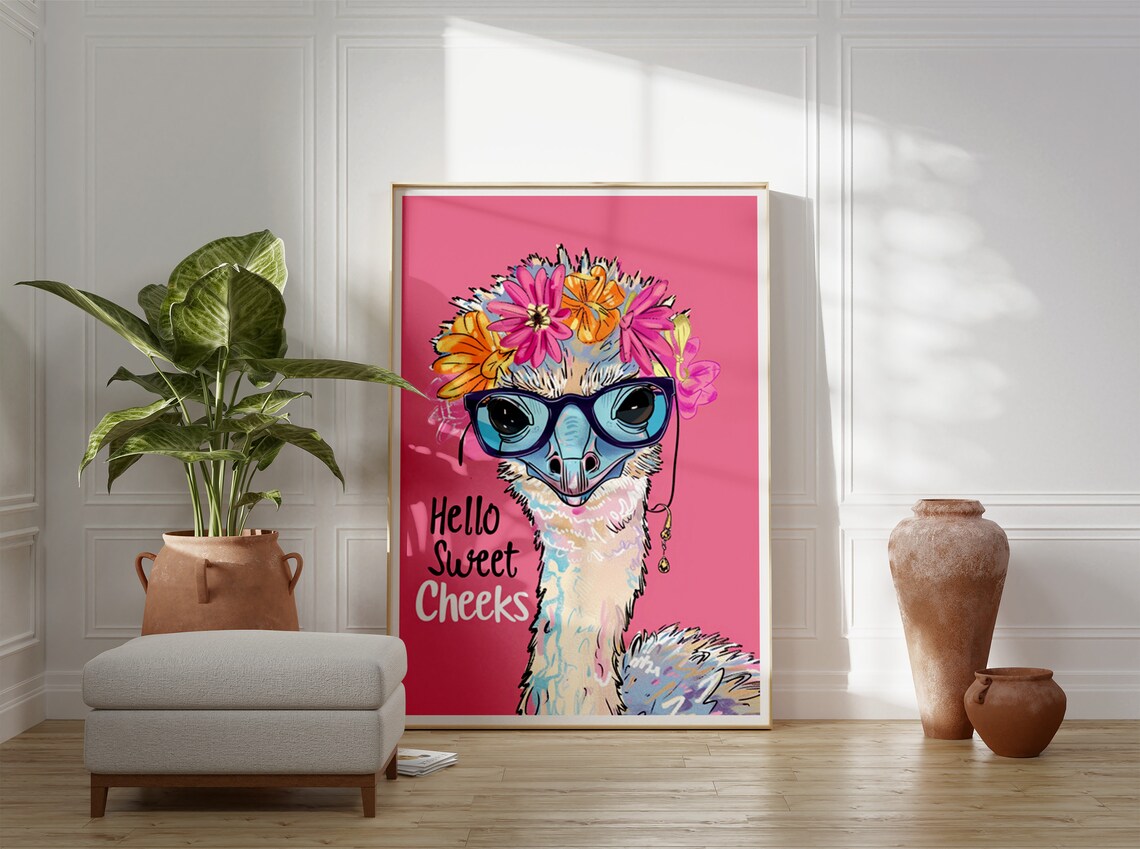 Hello Sweet Cheeks Ostrich Glasses Flower Crown Pink Humor Poster - Image 3