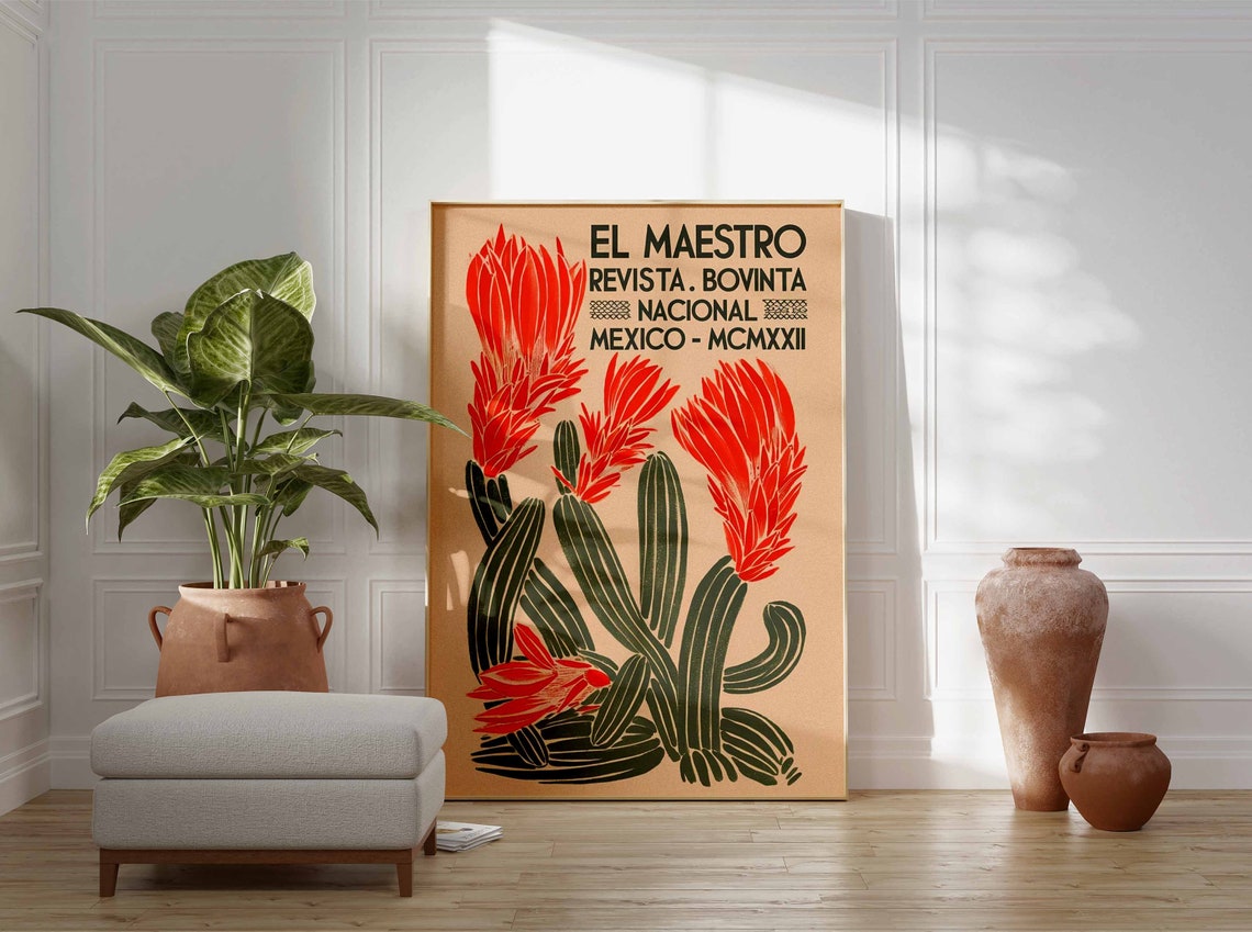 El Maestro Mexico 1922 Cactus Woodblock Vintage Art Poster Collection - Image 2