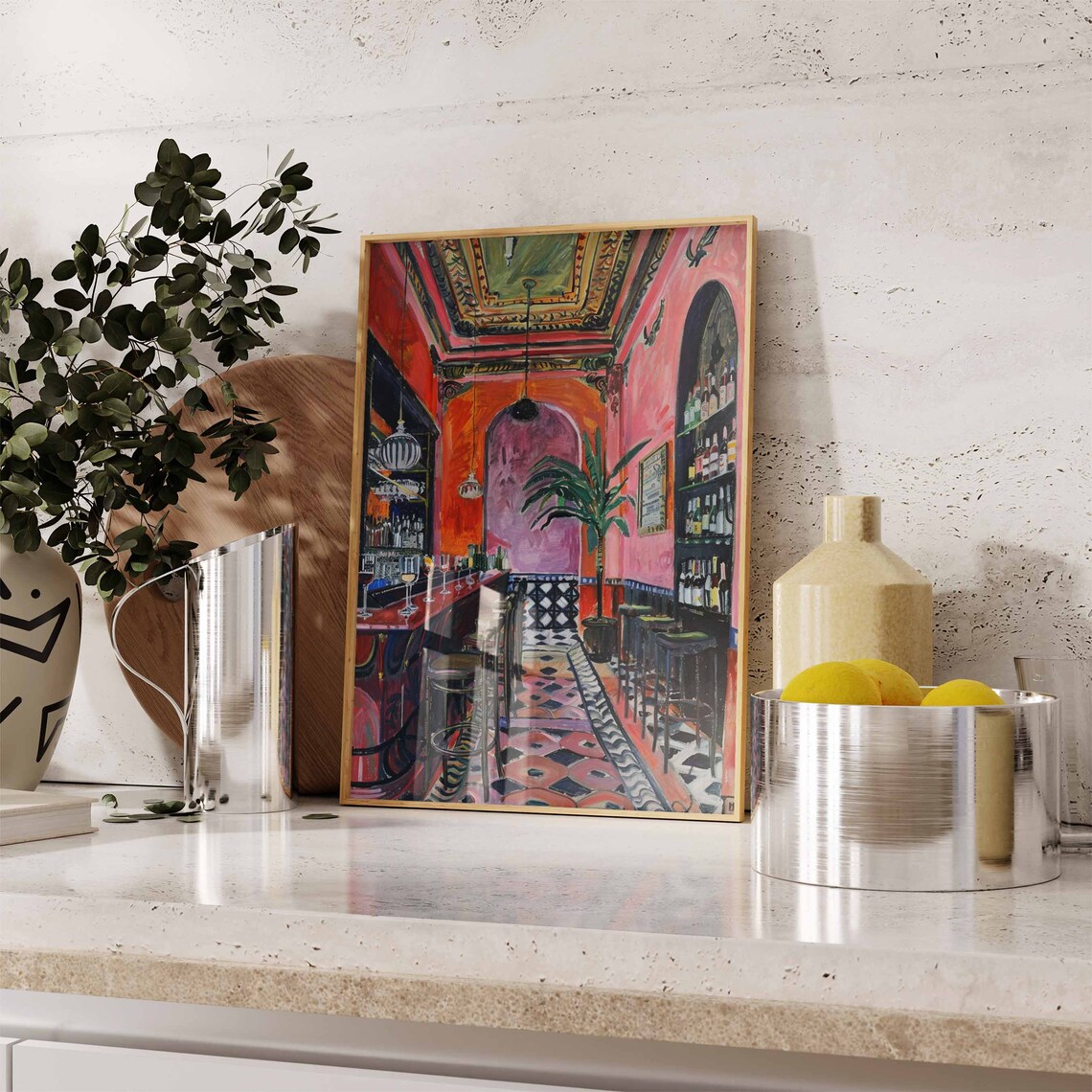 Ornate Pink Bar Interior Patterned Tile Floor Palm Plant Scene Art Poster - Image 2