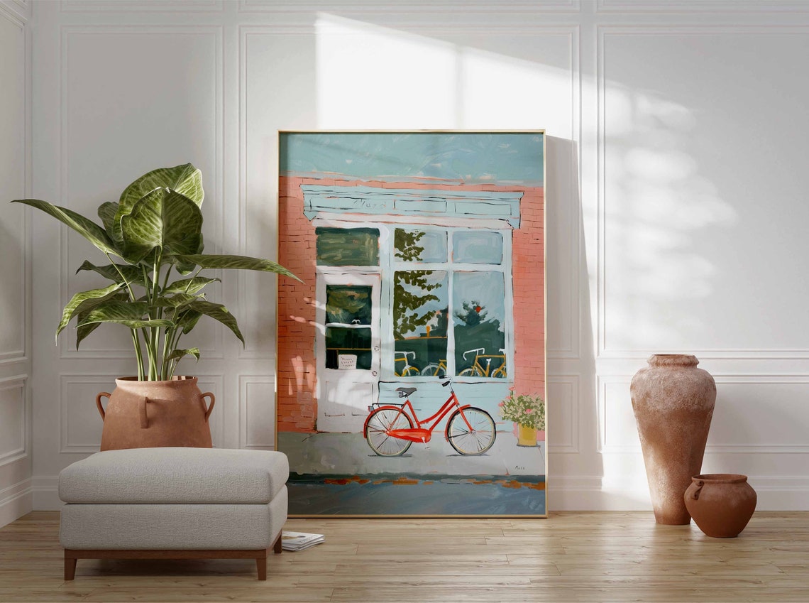 Pink Brick Storefront Red Bicycle Soft Pastel Street Scene Poster - Image 3