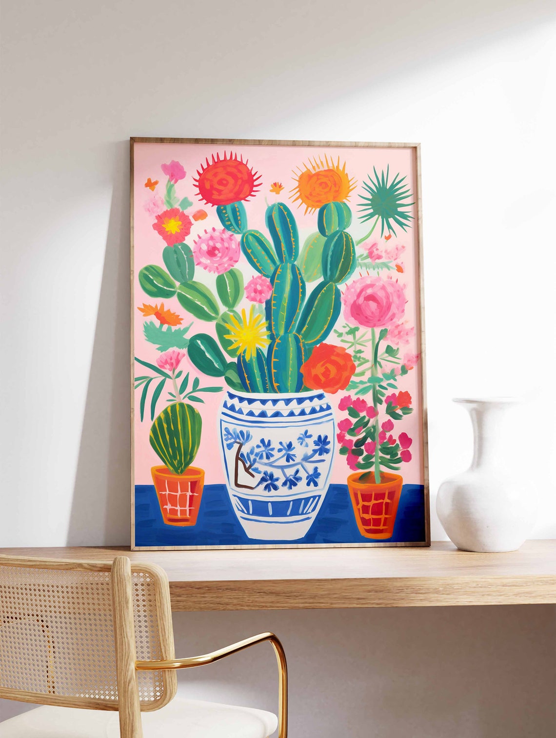 Colorful Cactus Bouquet In Blue White Porcelain Vase Folk Art Poster - Image 2
