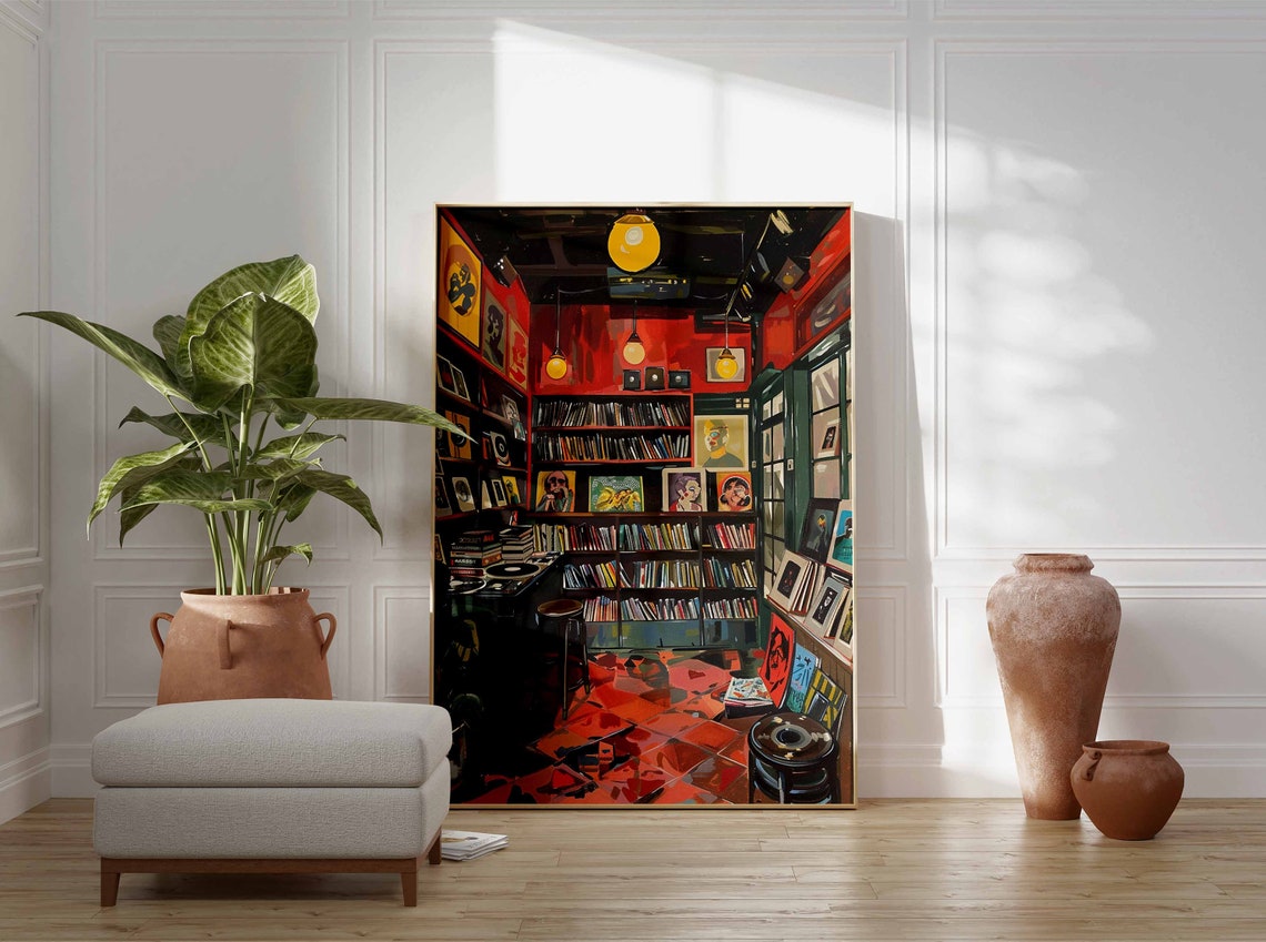 Deep Red Vinyl Record Shop With Wall Shelves and Turntable Poster - Image 3