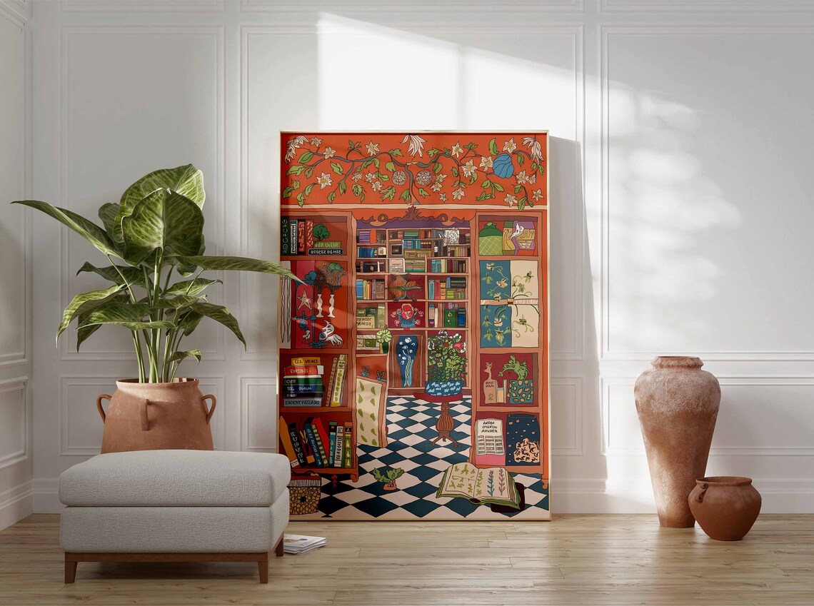 Cozy Book Nook Poster with Terracotta Library and Checkered Floor Art - Image 3