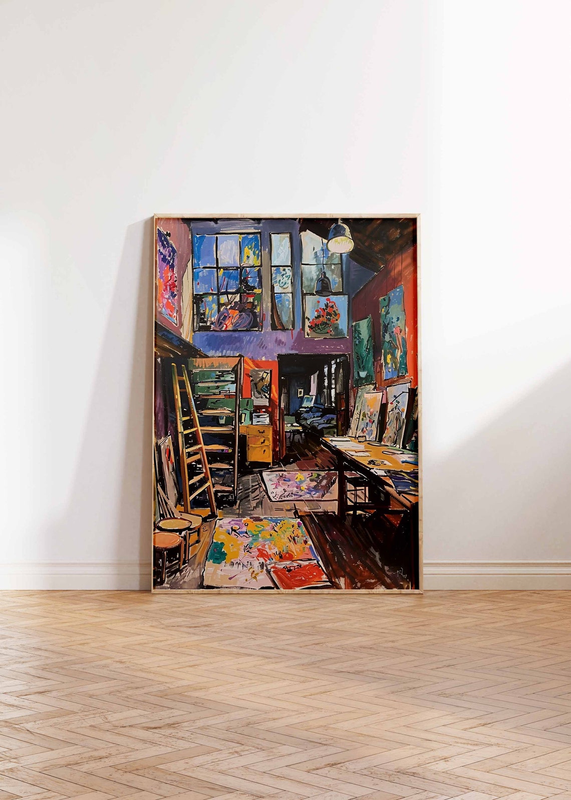 Industrial Loft Art Studio with High Windows and Ladder Poster - Image 2