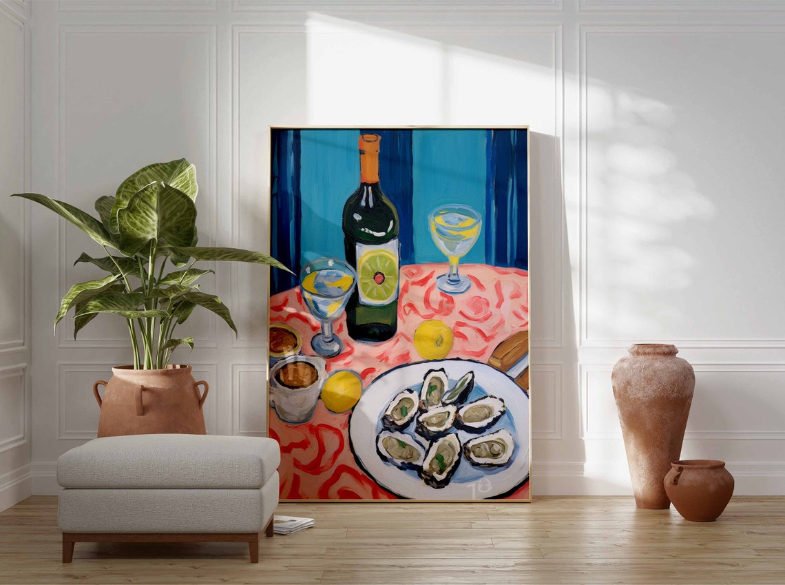Oysters And Wine Still Life Painterly Pink Tablecloth Food Poster - Image 3