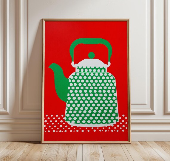 Green Polka Dot Kettle on Red Bold Modern Pop Art Kitchen Poster