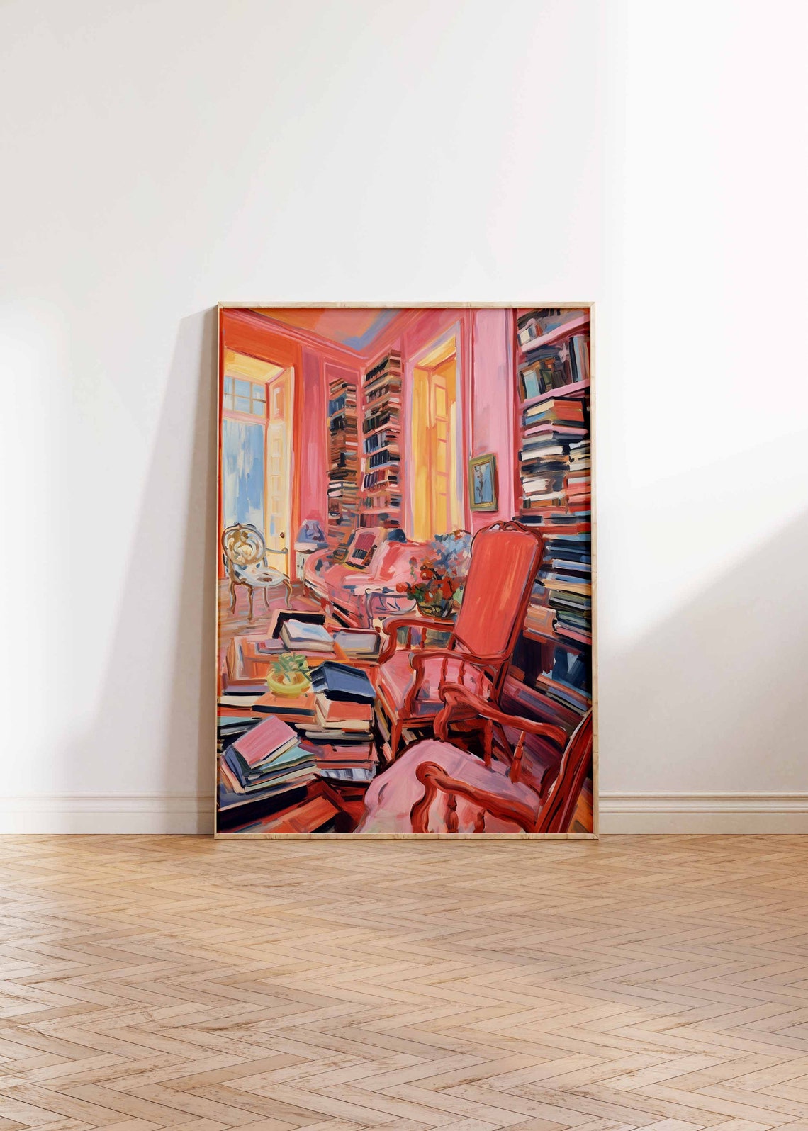 Cozy Vintage Library Interior Pink Room Books Painting Art Poster - Image 2