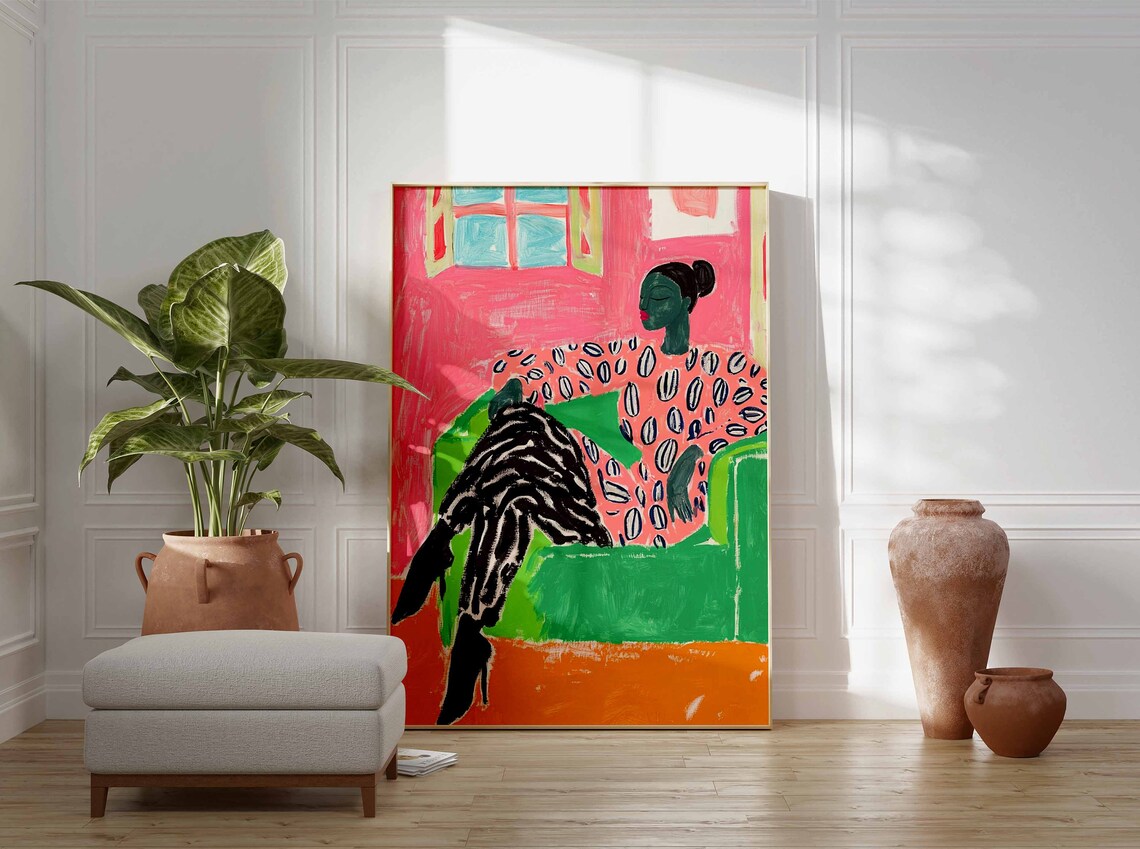 Woman Resting on Green Chair Pink Interior Scene Portrait Poster - Image 2