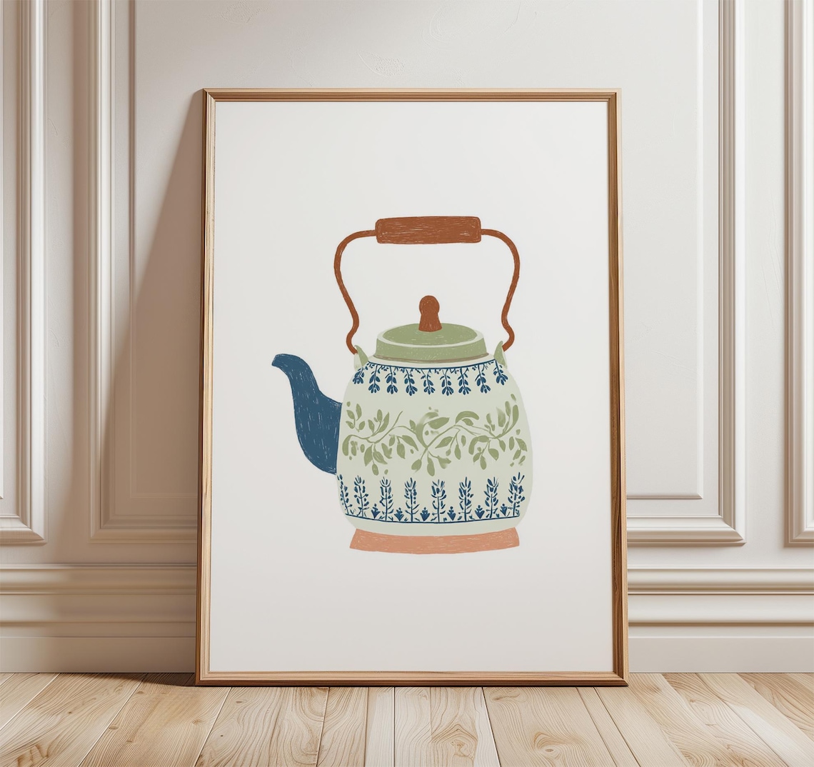 Vintage Teapot Art Print, Rustic Kitchen Folk Pattern