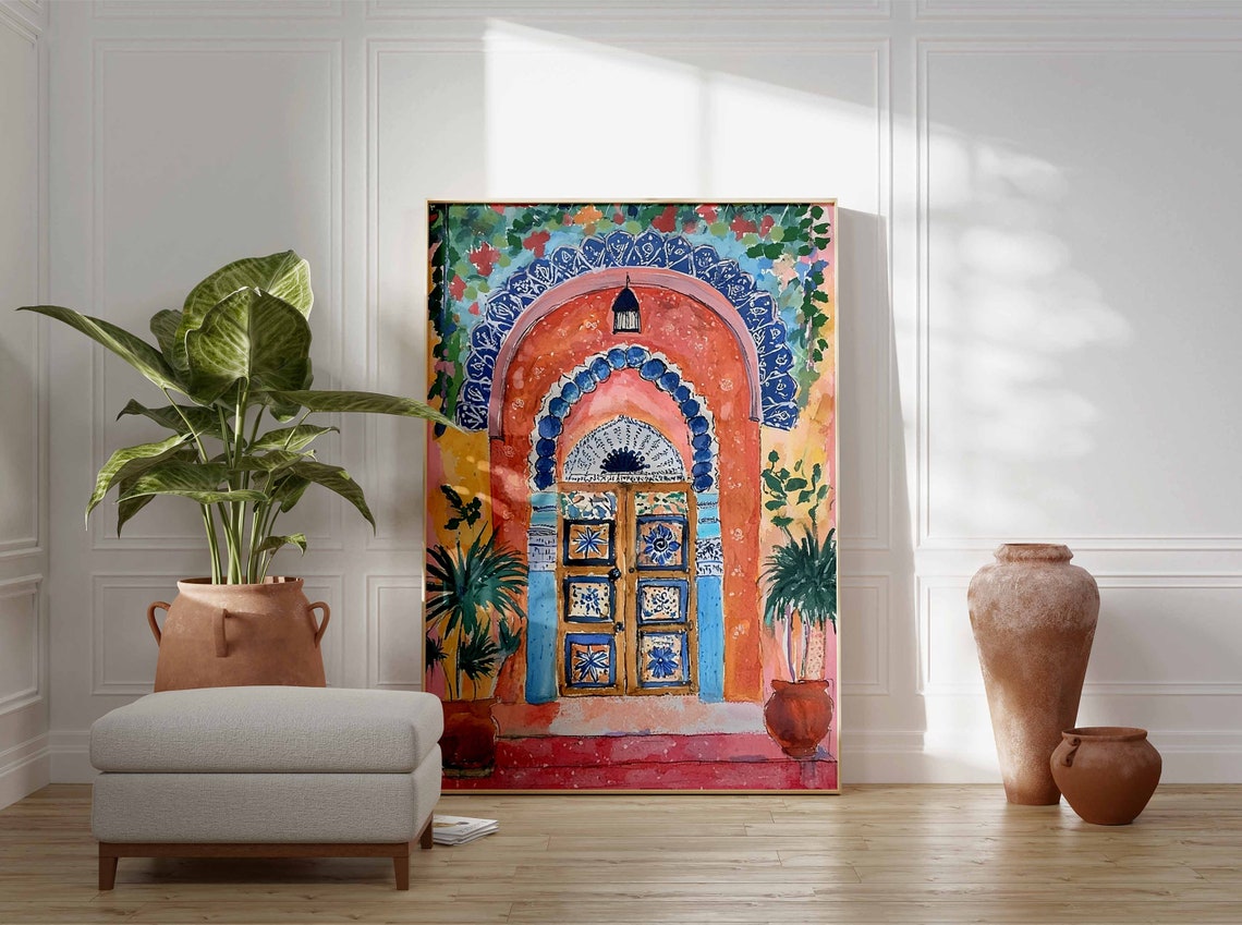Colorful Moorish Tiled Doorway With Arches Watercolor Art Poster - Image 2