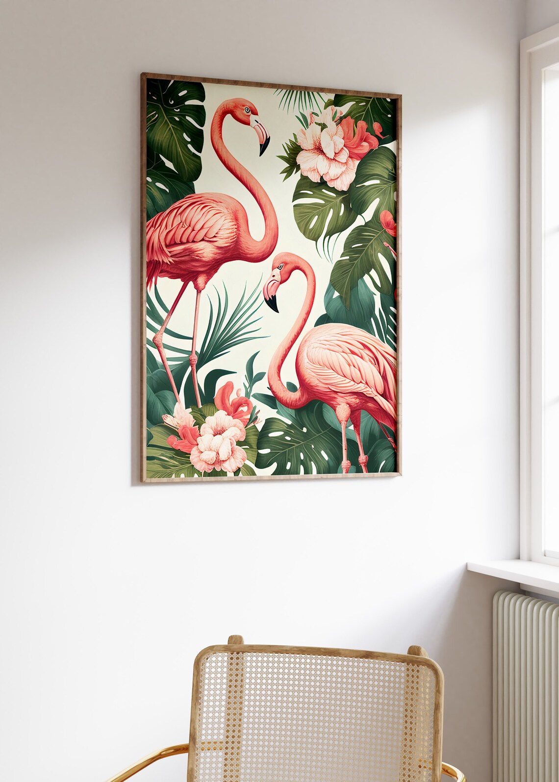 Two Pink Flamingos Tropical Monstera Hibiscus Flowers Wall Art - Image 3