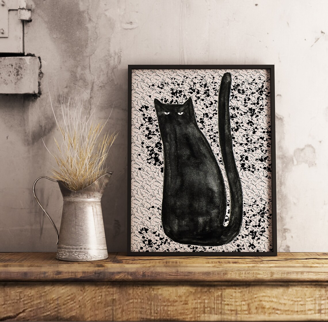 Minimalist Black Cat Watercolor Funny Feline Speckled Art Poster - Image 3
