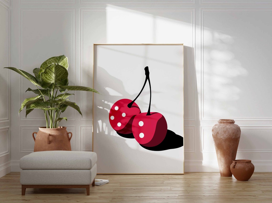 Bold Red Cherry Dice Dots Minimalist Retro Pop Art Fruit Poster - Image 3