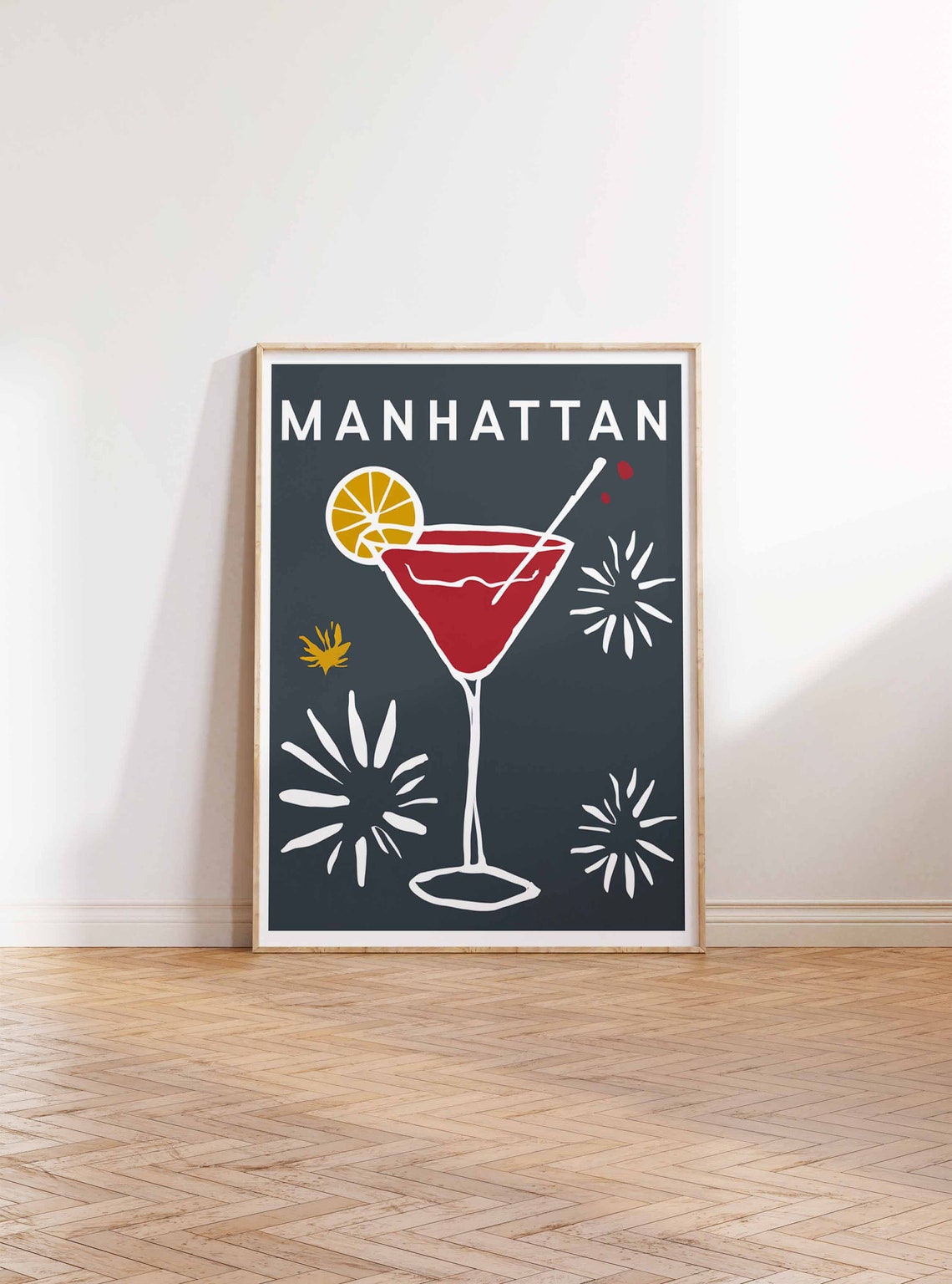 Manhattan Red Martini Glass Lemon Navy Retro Cocktail Bar Poster - Image 2