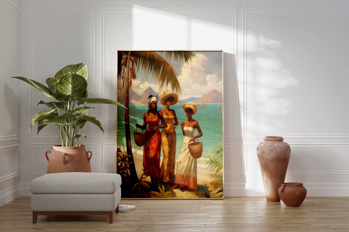 Caribbean Island Beach Women Baskets Tropical Vintage Art Print - Image 3
