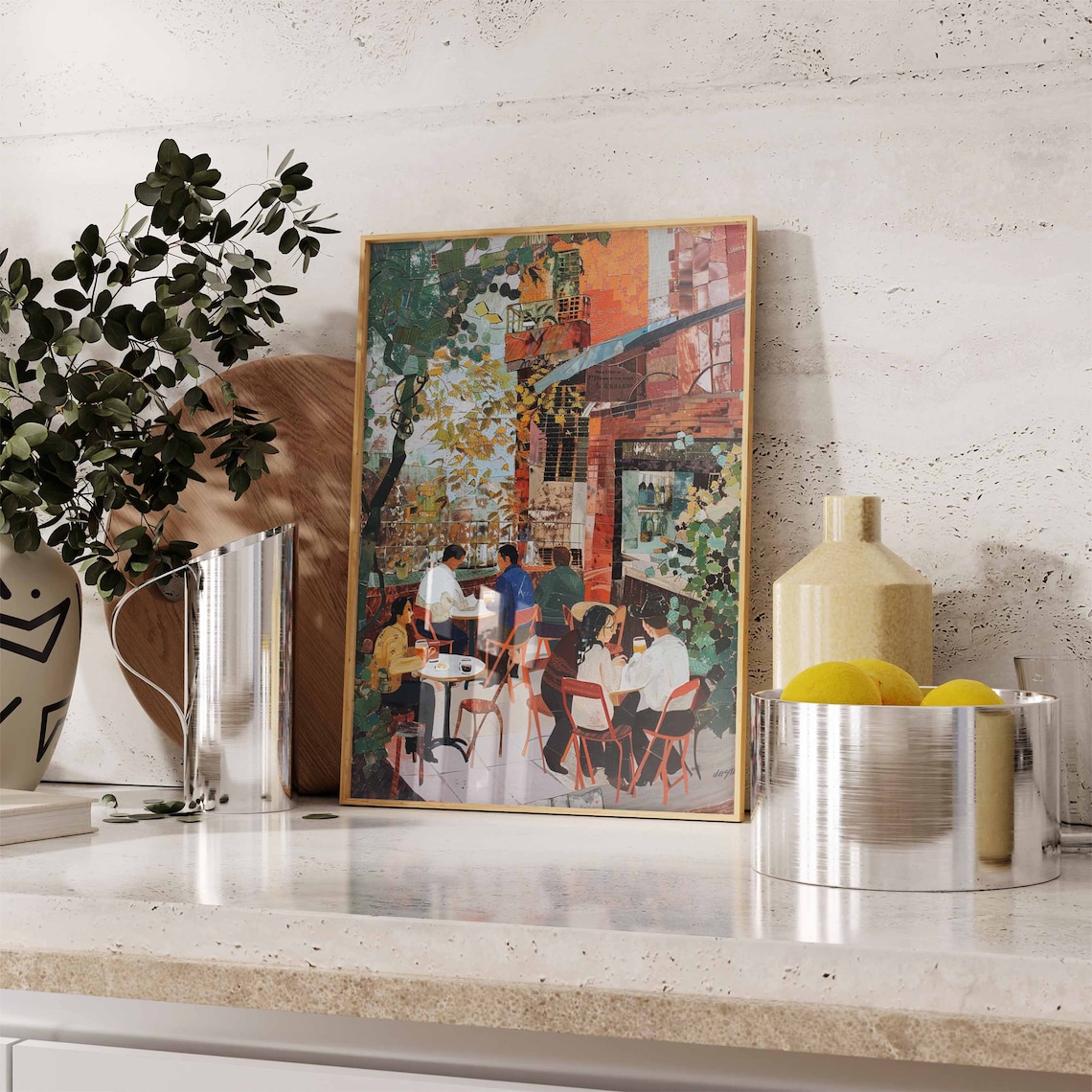 Vintage Café Terrace Mosaic Diners European Street Scene Poster - Image 2