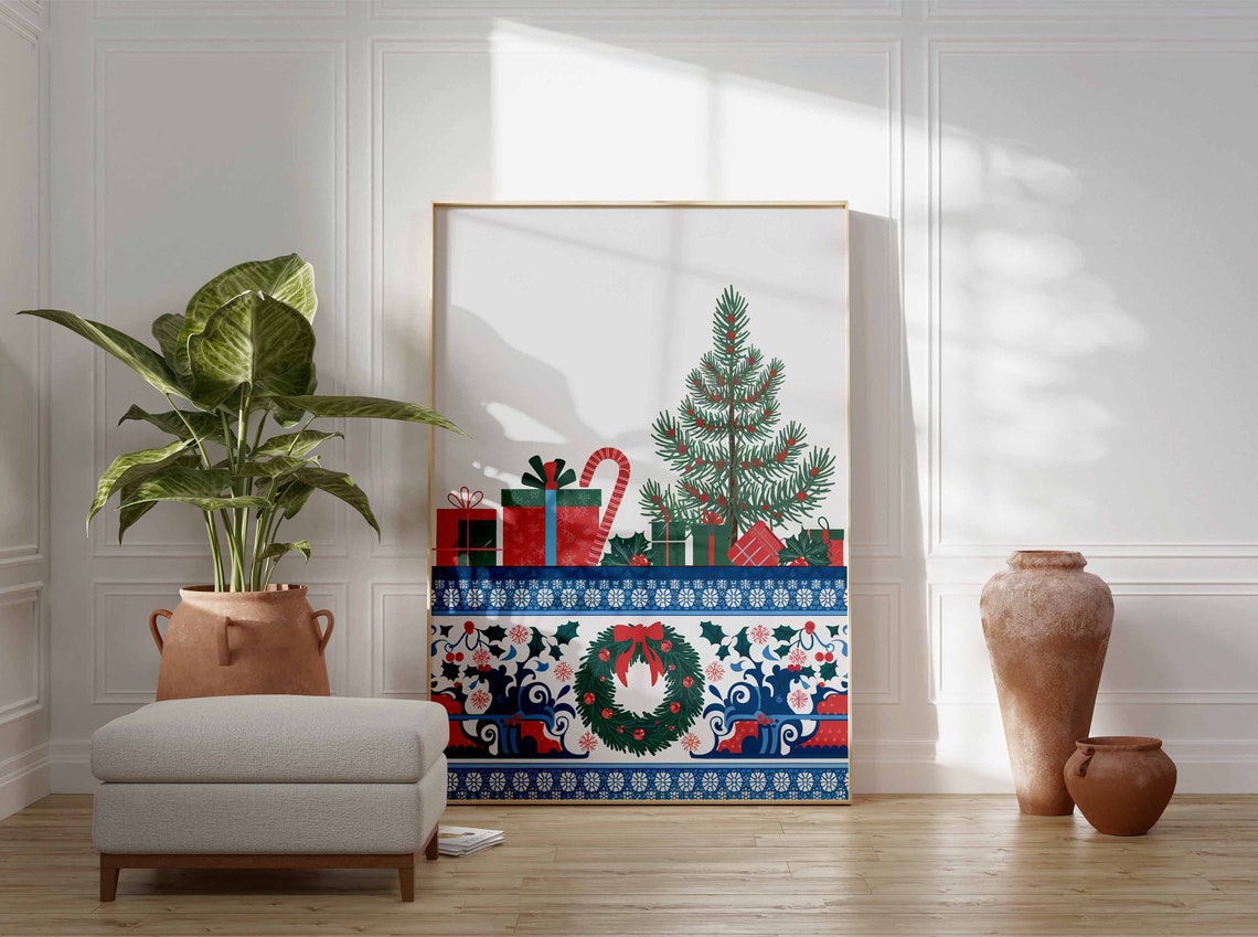Red Green Folk Christmas Tile Tree Wreath Candy Cane Art Poster - Image 3