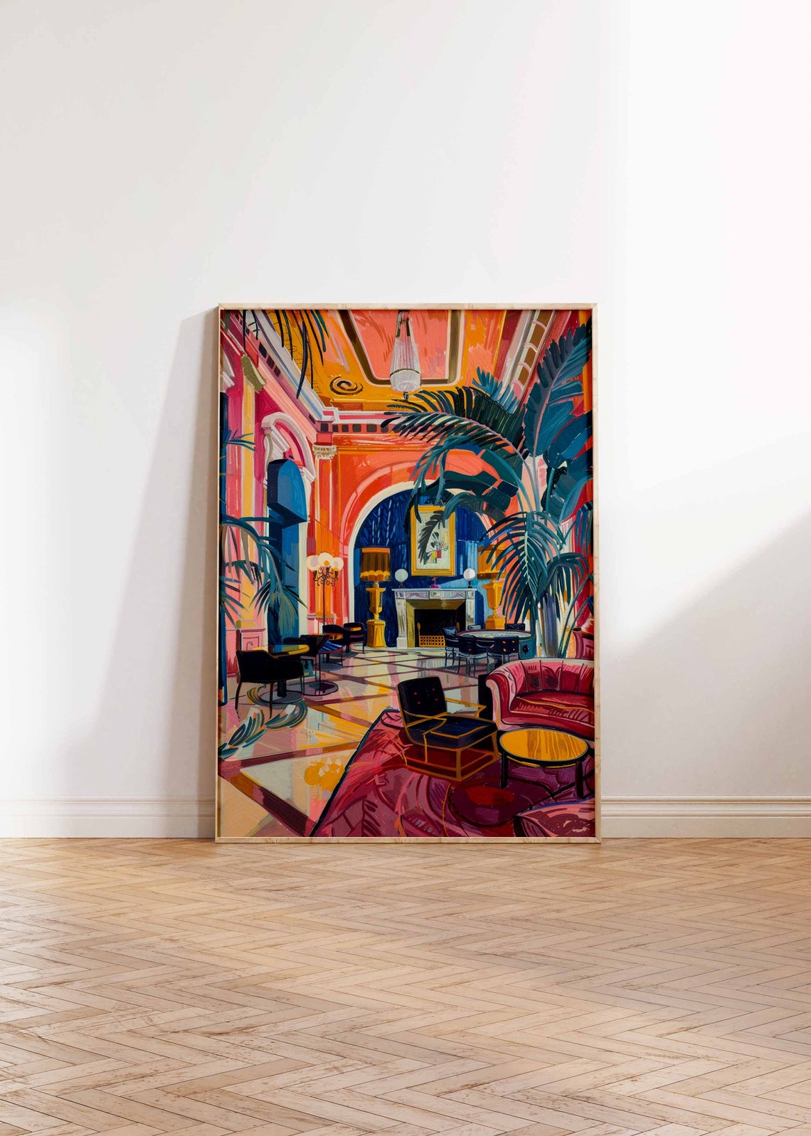 Coral Pink Casino Lounge Palms Fireplace Interior Art Poster - Image 2