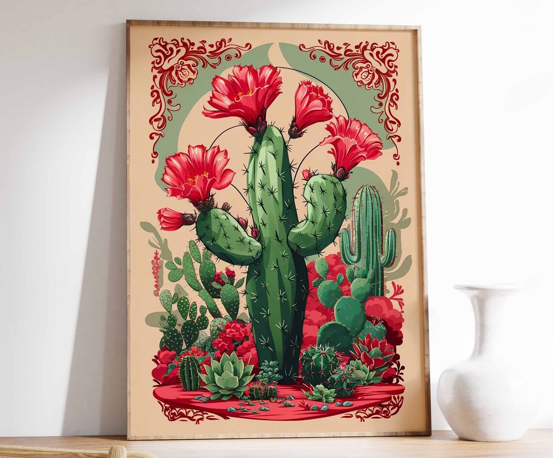 Flowering Cactus Green Arch Red Blooms Vintage Mexican Art Poster