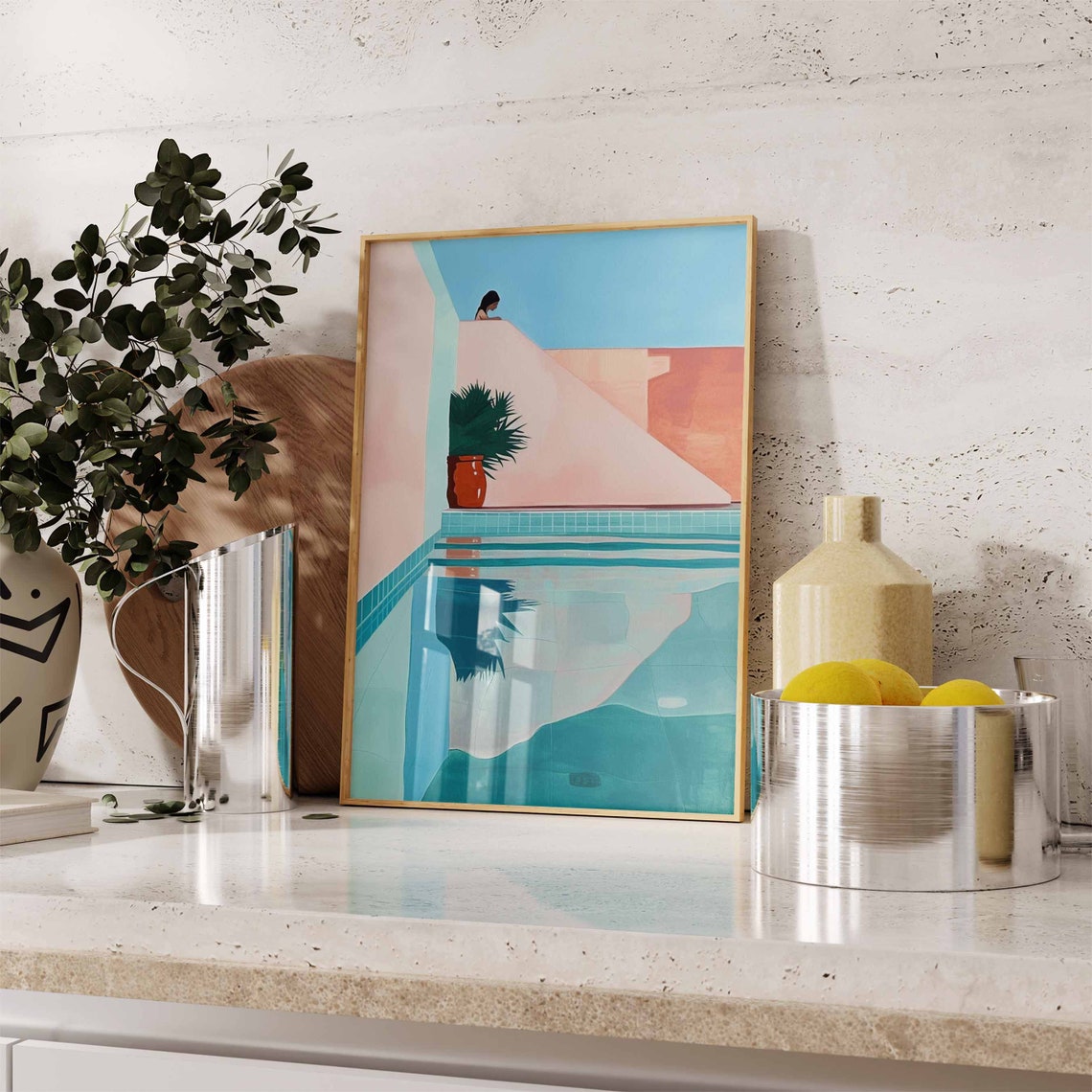 Pastel Palm Poolside Serene Blue Water Minimal Modern Poster - Image 3