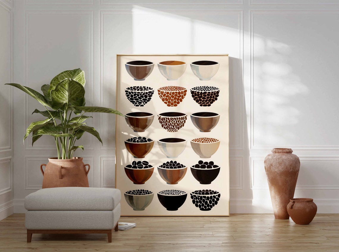 Minimalist Coffee Cups with Beans Illustrated Kitchen Poster Decor - Image 3